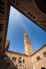 Wall Mural - Torre dei Lamberti and Palazzo della Ragione, medieval tower and palace in Verona downtown, Piazza delle Erbe, UNESCO world heritage site, Veneto, Italy, Europe.