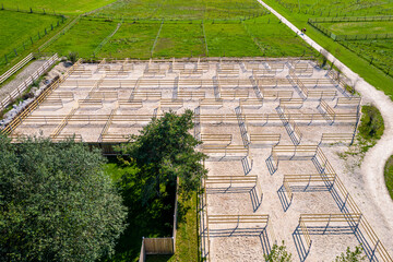 Outdoor boxes paddocks for horses on a farm. Wood fences. Aerial Drone Photo