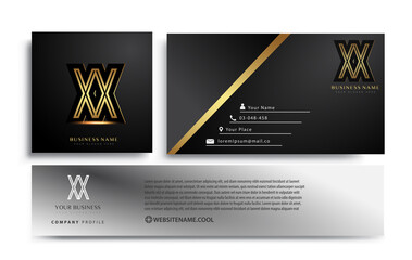 initial letter XX logotype company name colored gold elegant design. Vector sets for business identity on black background.