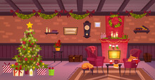 Christmas Decorated Room Interior With Chimney, X-mas Tree, Gifts, Armchair, Cat, Carpet, Clock. Winter House Indoor Background With Brick Wall, Fireplace, Wreath, Box Of Presents. Christmas Cozy Room