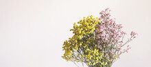 Dried Pink And Yellow Flowers In White Vase Against White Wall. Home Interior Autumn Decor Banner