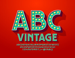 Sticker - Vector Vintage Alphabet. Green retro Font with Lamps. Decorative Light Bulb Letters and Numbers set