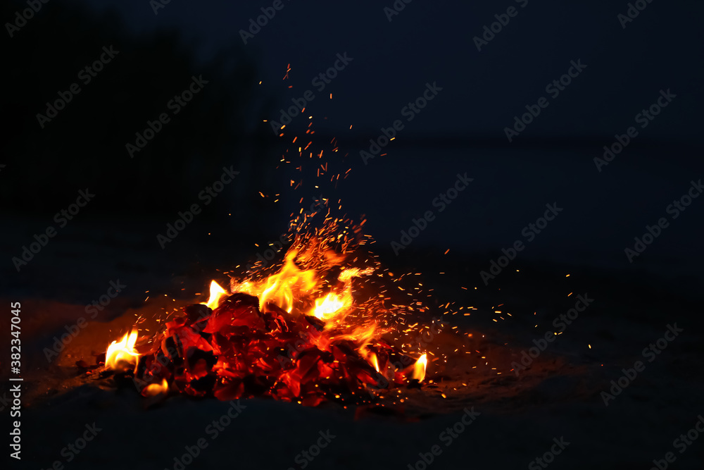 Beautiful bonfire with burning firewood on beach at night - obrazy, fototapety, plakaty 