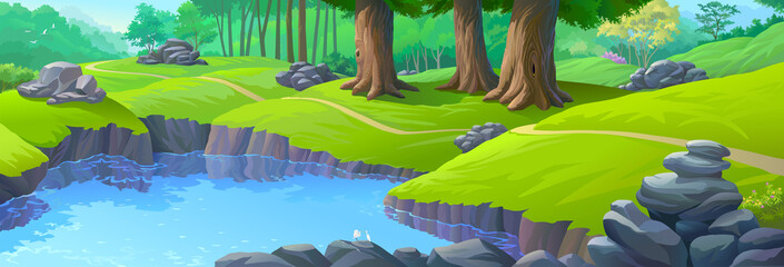 Wall Mural - A couple of swans chilling on a rock near a river. Big trees, meadows, and a pile of rocks in a jungle.