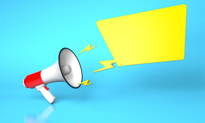 Wall Mural - Red megaphone loudspeaker and yellow bubble on a blue background. template blank. 3d render