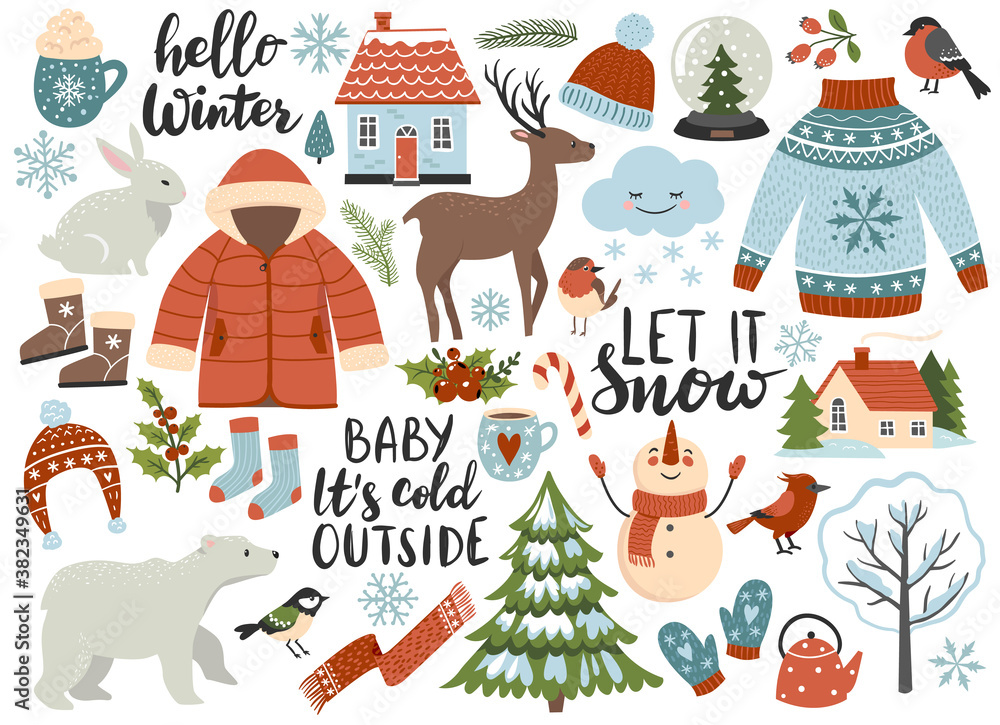 Winter season element set: warm clothes, polar bear, white rabbit, deer, calligraphy quotes. Perfect for scrapbooking, greeting card, sticker kit. Hand drawn vector illustration - obrazy, fototapety, plakaty 
