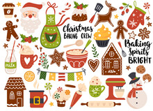 Christmas Baking, Set Of Festive Gingerbread Cookies And Holiday Drinks. Vector Illustration. Perfect For Sticker Kit, Scrapbooking, Greeting Card, Party Invitation, Poster, Tags