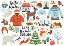 Winter Season Element Set: Warm Clothes, Polar Bear, White Rabbit, Deer, Calligraphy Quotes. Perfect For Scrapbooking, Greeting Card, Sticker Kit. Hand Drawn Vector Illustration