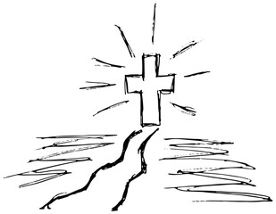 Wall Mural - Simple vector grunge sketch of the Way to Faith. Black and white outline illustration of a  path and a glowing cross at the end of the road