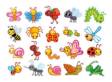 Big Vector Set With Cute Insects On A White Background In Cartoon Style.
