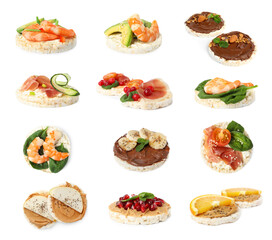 Set of puffed corn cakes with different toppings on white background