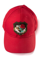 red cap with military rose embroidered patch on white background