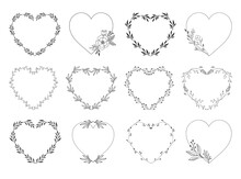 Elegant Heart Wreaths And Frames. Leaves And Flowers Ornate Borders. Vector Isolated Illustration.