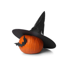 Orange Pumpkin With Witch Hat And Black Paper Bat Isolated On White. Halloween Decor