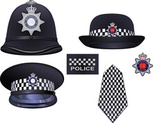A Traditional Authentic Helmet And Hat Of Metropolitan British Police Officers