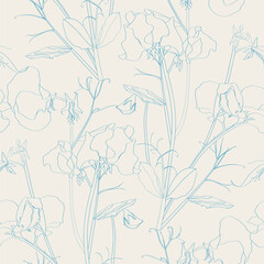 Seamless flower pattern background with Sweet pea flower and leaf, blue line drawing illustration. 