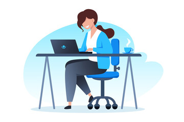 A woman works at a laptop and drinks coffee. Home office, freelance and online training, education. Vector flat illustration.