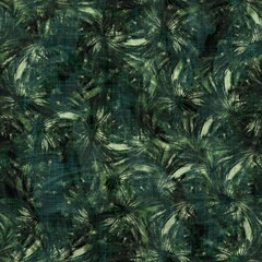  Green tropical palm tree leaves seamless pattern. High quality illustration. Vivid, detailed, and highly textured graphic design. Trendy jungle foliage for fabric or repeat surface design.