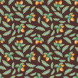 Seamless pattern with oak leaves and acorn on brown baclground. Watercolor autumn background