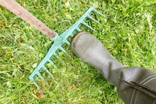 A Man's Leg In A Green Rubber Boot Steps On A Plastic Rake. There Is A Green Lawn With Mown Grass. Background.