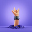 3d render, cartoon character hand, rock gesture, blank poster mockup. Rock concert clip art isolated on violet background