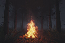 3d Rendering Of Big Bonfire With Sparks In The Forest At Foggy Night