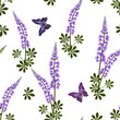 Seamless vector illustration with lupine flowers and butterflies on a white background.