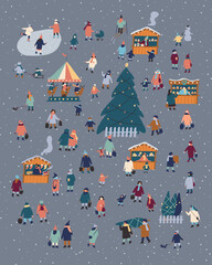 Wall Mural - Christmas market and holiday fair outdoor flat vector. Celebrating winter holidays at town square. Christmas atmosphere, traditional holiday shopping.