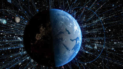 Wall Mural - spinning earth with space background and digital data grid