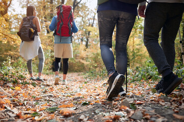 Couples hiking together; Spring or autumn hiking in nature; camping, travel, tourism,lifestyle,  hike and people concept. Quality active family time together.