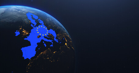 Wall Mural - Planet Earth from Space European Union Map EU Flag, 2020 political borders and counties, city lights, 3d illustration, elements of this image courtesy of NASA