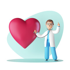 Wall Mural - 3d render, doctor cartoon character wears uniform and stethoscope, cardiologist listens to the heart, hand up medical advice concept