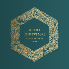 Wall Mural - Christmas Greetings Vector Banner Template. Winter Holiday Symbol Doodle Pine Branches Wreath Sketch on Green Background. New Year Hexagon Frame Label or Card Design with Golden Glitter