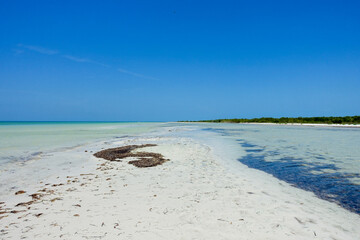 View of the sand bar at Holbox Island in Mexico at low tide, walk this way to Punta Mosquito