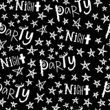 Fototapeta Młodzieżowe - Hand drawn seamless pattern. White stars, party word, night word isolated on black background. Night party lettering.