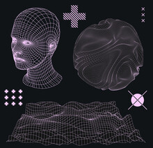 Low Poly 3D Head, Human Face Structure Made Of Grid. Biometrics, Facial Recognition And Cyber Security Concept.