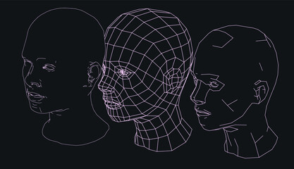 Poster - Low poly 3D head, human face structure made of grid. Biometrics, Facial Recognition and Cyber Security concept.