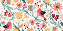 Christmas Decorative Seamless Pattern With Birds And Winter Elements, Pine Branches, Orange And Berries