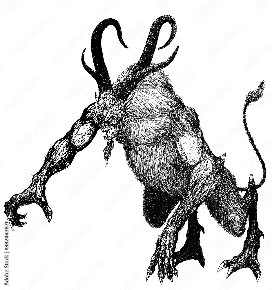 demon devil damn monster fiend of hell nightmare creature from the  underworld a beast with horns and a goat beard Stock Illustration | Adobe  Stock, image size:938x1000
