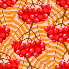 Wall Mural - Autumn seamless pattern with colorful handdrawn rowanberries. Vector illustration.