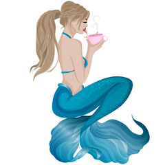 Mermaid drinks from a mug of coffee. Vector art.