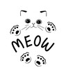 Cute black funny kitten vector silhouette drawing illustration isolated on white background.Outline cartoon kawaii cat with meow text lettering ,fun paws.Sticker.T shirt print for kids. Plotter cut.