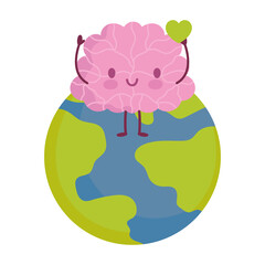 Poster - world mental health day, cartoon brain planet isolated design