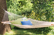 © Melissa Ross/Stocksy - Hammock hanging by a tree near a garden.