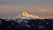 Sunset View Of Snow Capped Mount Baker Volcano, Washington State, USA