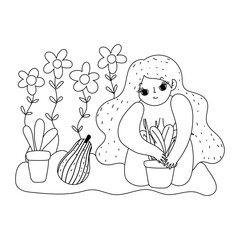 Wall Mural - happy garden, girl with hairstyle floral planting plants in pot flowers fruit, line icon style