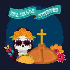 day of the dead, catrina bread cross taco and flowers, mexican celebration