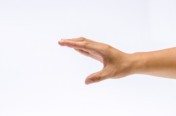 Wall Mural - Close up of hand with hoding something. Isolated on white background.