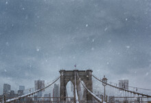 Brooklyn Bridge In Snow Storm In Winter, New York