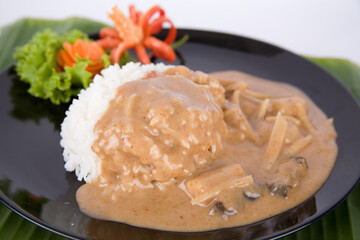 Wall Mural - Chicken in brown sauce with rice.